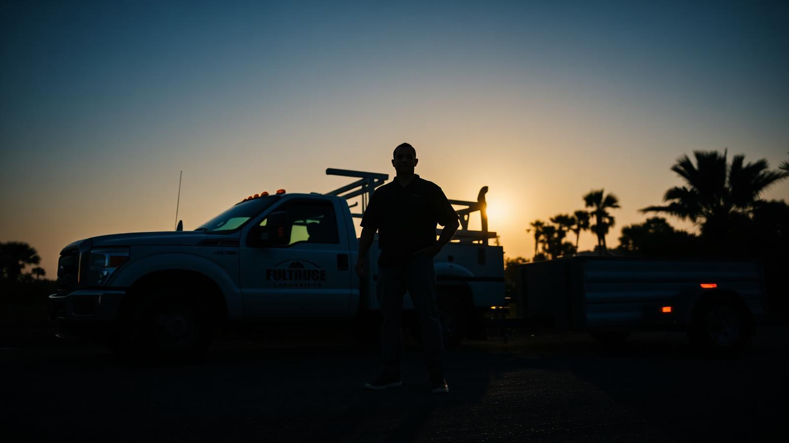 Owner standing by the Lucky Luh work truck at sunrise in Bradenton