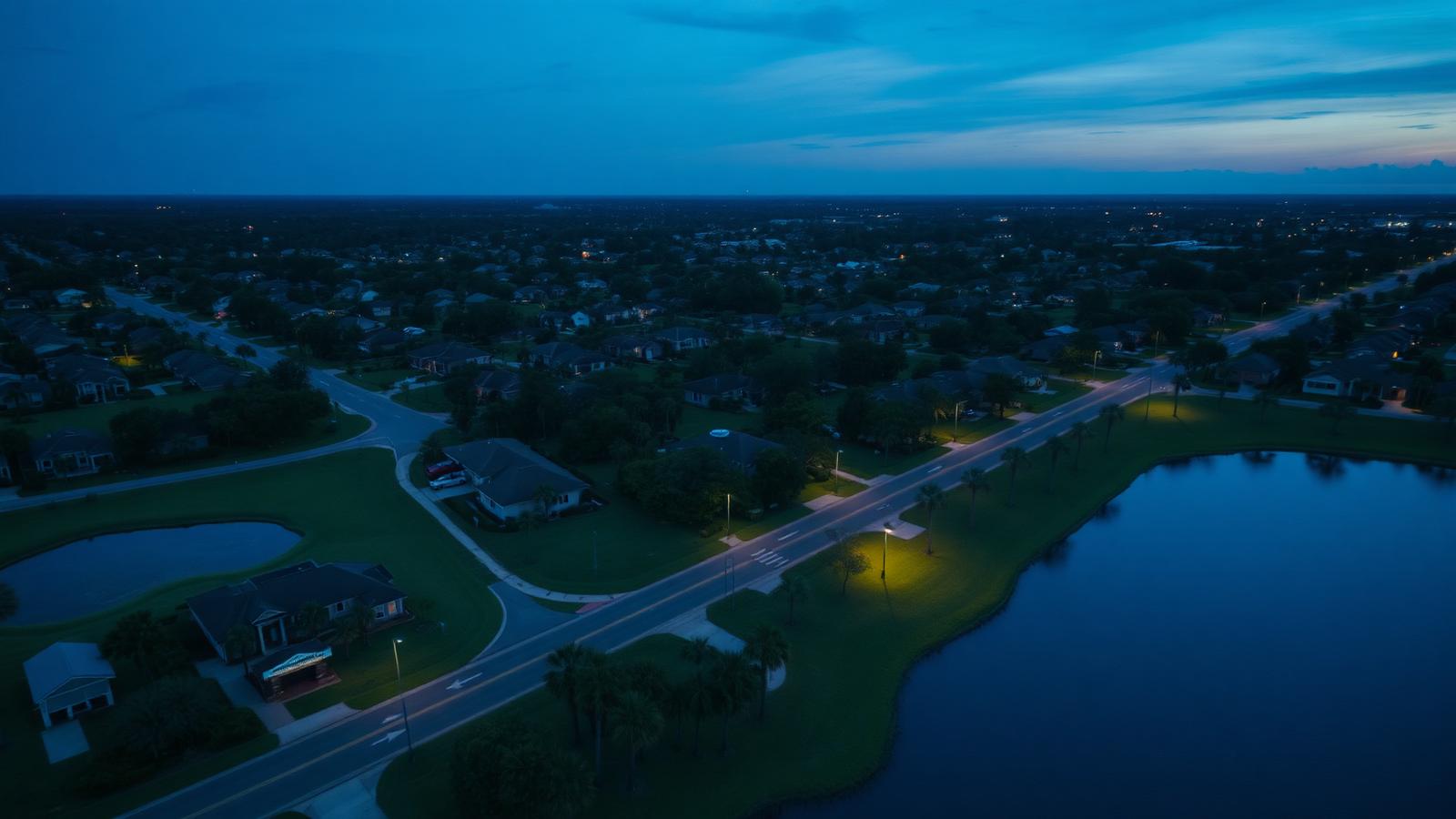 Aerial view of a Manatee County neighborhood at dusk