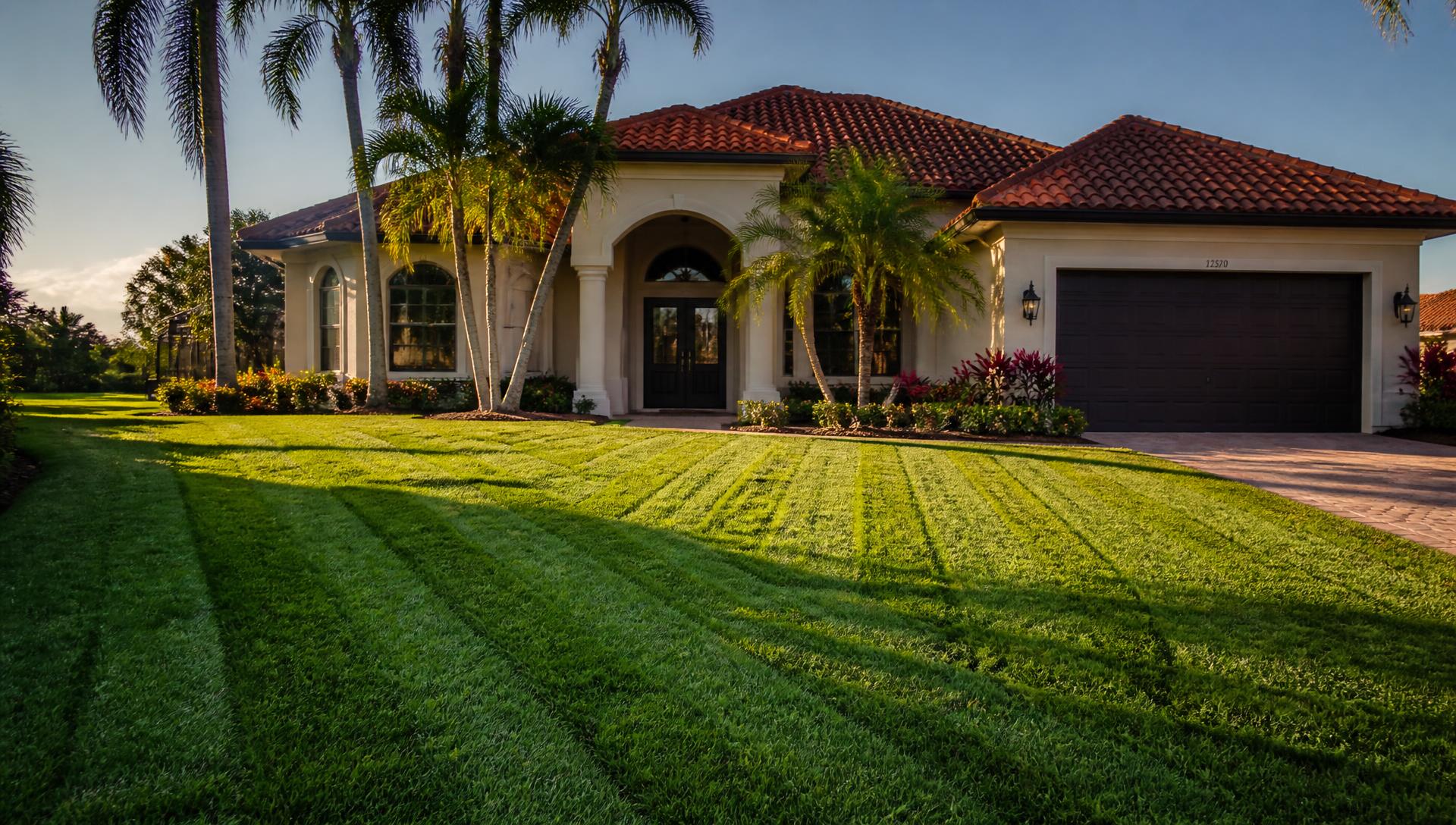 Freshly mowed St. Augustine lawn with mower stripes in front of a Bradenton home with palm trees