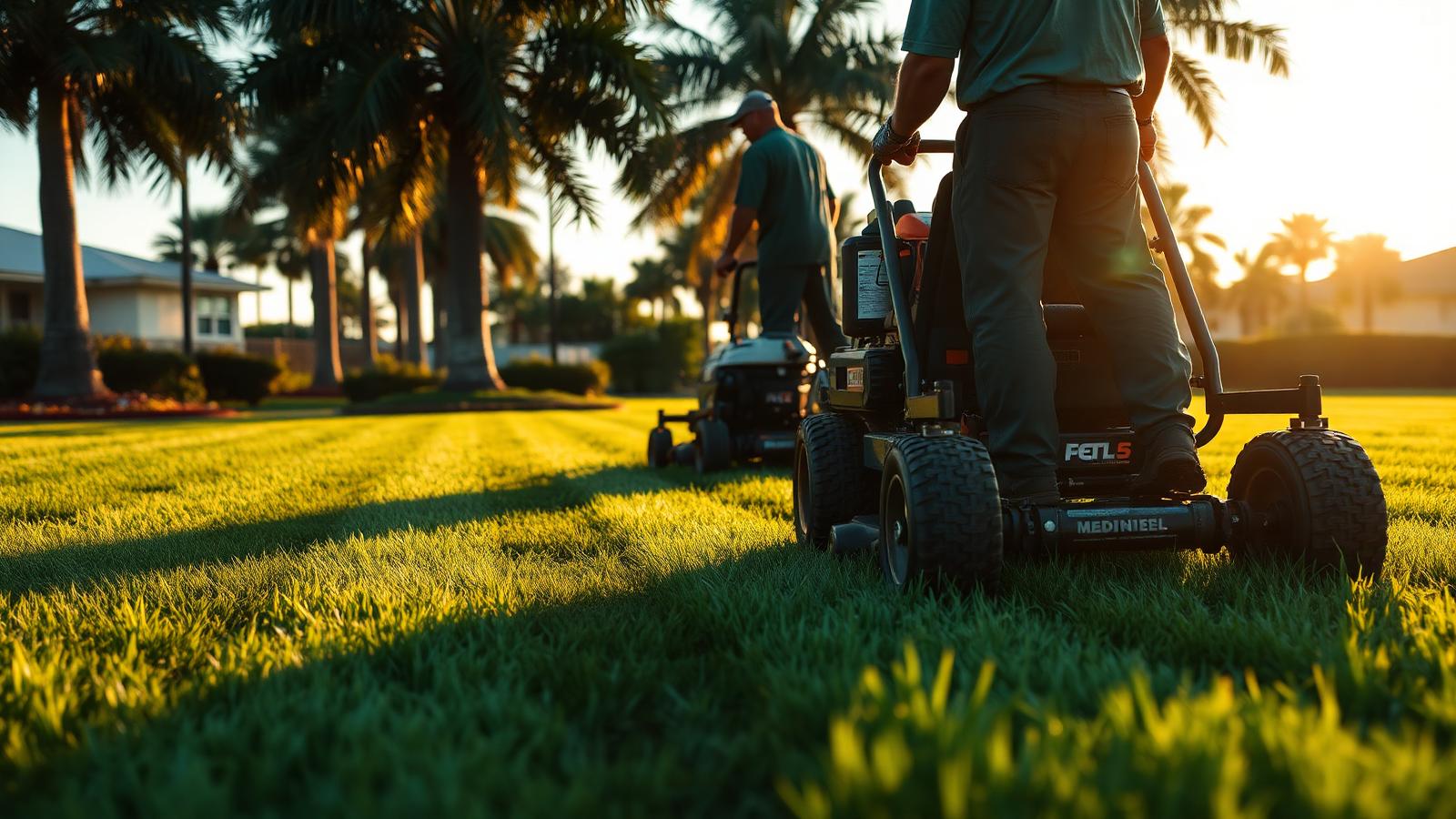 Lawn crew mowing diagonal stripes into a Florida St. Augustine lawn